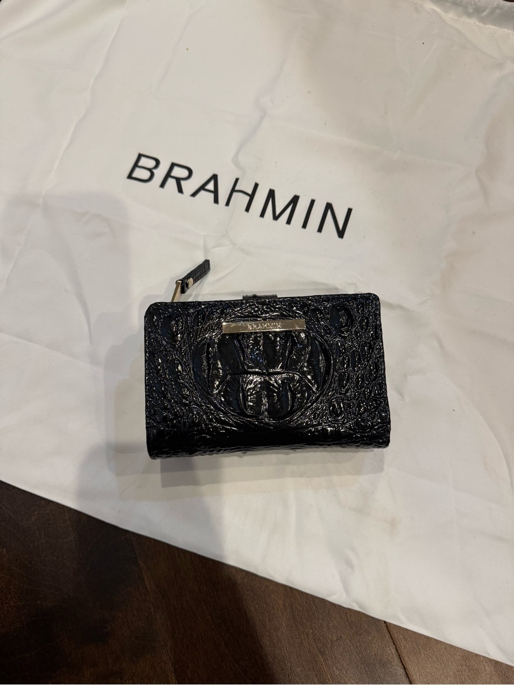 Brahmin Black Croc-Embossed Zip Card Case